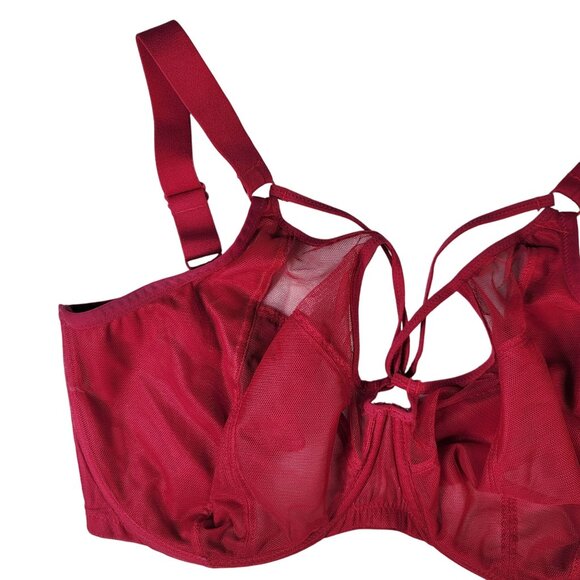 Elomi Sachi Underwire Plunge Bra Ruby Red 32M Wide Adj Unlined Sheer Unpadded - Picture 2 of 9